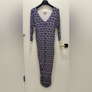 Moulinette Soeurs by Anthropology Blue and White Print V-Neck Maxi Dress Size L